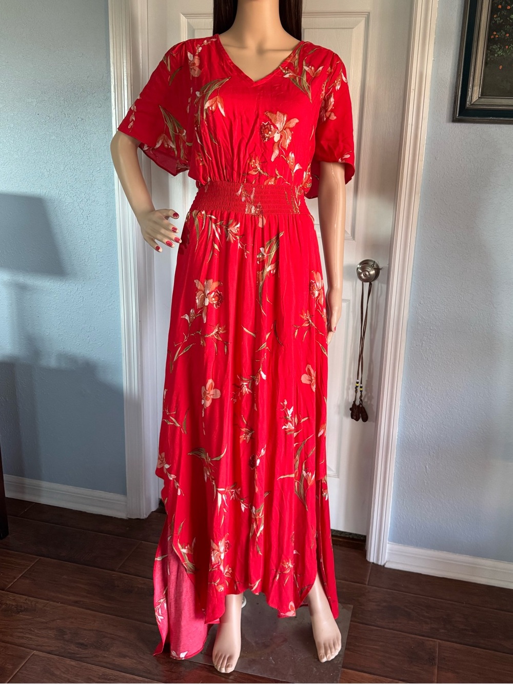 (78) CeCe Red Floral High-Low Maxi Dress